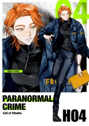  1boy abstract_background absurdres bishounen black_boots black_pants black_shirt blue_jacket boots call_of_cthulhu comb_over compression_shirt english_text fbi green_eyes highres holding holding_notebook jacket letter male_focus medium_hair notebook number_print omaru_mob orange_hair pants reference_sheet shirt standing standing_on_one_leg watch watch zipper zoom_layer 