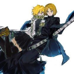  1boy 1girl absurdres black_necktie black_shirt black_skirt black_sleeves black_thighhighs blonde_hair blush brown_shoes cape chain chained chained_wrists closed_mouth collar commentary couple cuffs don_quixote_(project_moon) gloves handcuffs haori highres holding holding_sword holding_weapon index_(identity)_(project_moon) jacket japanese_clothes kefir1704 limbus_company necktie parted_bangs pinky_(identity)_(project_moon) project_moon shirt shoes short_hair sinclair_(project_moon) skirt sword thigh-highs tsurime turtleneck turtleneck_shirt undershirt untranslatable_commentary weapon white_background white_cape white_shirt yellow_eyes 