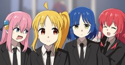  4girls :d ^_^ ahoge blonde_hair blue_eyes blue_hair blurry blurry_background bocchi_the_rock! cellphone chainsaw_man closed_eyes cube_hair_ornament formal gotou_hitori hair_ornament ijichi_nijika kick_back_(song) kita_ikuyo long_hair medium_hair mole mole_under_eye multiple_girls orange_eyes parody phone pink_hair pull_cord redhead season_connection side_ponytail smartphone smile suit tenten_(chan4545) tongue tongue_out yamada_ryou yellow_eyes 