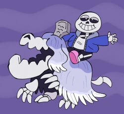  1boy billspooks black_shorts blue_jacket commentary crossover english_commentary half-closed_eyes highres hood hood_down hooded_jacket houndstone jacket open_clothes open_jacket open_mouth pink_slippers pokemon pokemon_(creature) purple_background riding riding_pokemon sans_(undertale) shirt shorts skeleton slippers smile teeth tombstone toon_(style) undertale utdr_(toby_fox) white_shirt 
