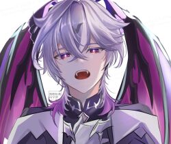  1boy black_shirt capelet collared_shirt commentary_request crossed_bangs dragon_boy dragon_wings durin_(genshin_impact) genshin_impact gloves gradient_hair highres looking_at_viewer male_focus medium_hair multicolored_eyes multicolored_hair necoco112061 open_mouth purple_hair shirt simple_background solo teeth upper_body upper_teeth_only watermark white_background white_gloves wings 