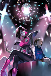 2017 2boys 2d 2others ambiguous_gender android animal_ears anthro black_background black_hair black_socks blue_shirt body_fur boots brown_boots brown_fur brown_hair brown_shorts burgerpants cat cat_boy cat_ears child cousins crossed_legs digital_media disco_ball double_horizontal_stripe frisk_(undertale) furry furry_male ghost gloves hair_over_one_eye hat high_heel_boots horizontal-striped_clothes human humanoid humanoid_robot kyouichi long_sleeves male male_focus mammal mettaton mettaton_ex mini_hat multiple_boys multiple_others napstablook open_mouth other_focus pauldrons pink_boots pink_stripes robot robot_boy sheet_ghost shirt short_hair shorts simple_background sitting socks stage_lights striped_clothes striped_shirt sweat two-tone_shirt undertale utdr_(toby_fox) white_gloves
