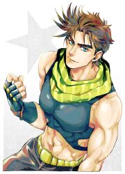  1boy abs battle_tendency belt blue_eyes brown_hair crop_top egg_(cknlun) fingerless_gloves gloves green_eyes green_scarf highres jojo_no_kimyou_na_bouken joseph_joestar joseph_joestar_(young) large_pectorals looking_at_viewer male_focus midriff muscular muscular_male pectorals scarf shirt solo striped_clothes striped_scarf tight_clothes tight_shirt vertical-striped_clothes vertical-striped_scarf 