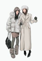 2girls bag bags_under_eyes black_gloves black_hair boots brown_eyes brown_hair buttons coat commentary crossed_arms double-breasted english_commentary enpera full_body fur-trimmed_coat fur_hat fur_trim gloves handbag hat highres holding_another's_arm ieiri_shoko imeko_san iori_utahime jujutsu_kaisen long_coat long_hair looking_at_another medium_skirt mole mole_under_eye multiple_girls pantyhose pencil_skirt pocket puffy_coat scar scar_on_cheek scar_on_face scar_on_nose skirt straight-on winter_clothes 