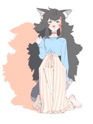  1girl :d alternate_costume alternate_hairstyle animal_ear_fluff animal_ears barefoot big_hair black_hair blue_shirt choker claw_pose collarbone drop_shadow full_body half-closed_eyes hand_up high-waist_pants highres hololive kneeling long_hair long_sleeves looking_at_viewer marugayotsu multicolored_hair ookami_mio pants red_choker red_streaks shirt simple_background smile solo streaked_hair striped_clothes striped_pants tail vertical-striped_clothes vertical-striped_pants virtual_youtuber wolf_ears wolf_girl yellow_eyes 