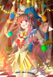  1girl all-night_party_(infinity_nikki) argyle_clothes argyle_hat arm_warmers artist_request ball bare_shoulders bloomers blue_arm_warmers blue_dress blue_hat blue_ribbon blunt_bangs bow bowtie brown_eyes checkered_floor chinese_commentary circus clown collar commentary_request commission cowboy_shot detached_collar detached_sleeves dress eyelashes facepaint fangs happy hat hat_ornament hat_ribbon heart heart_hat_ornament heart_print highres indoors infinity_nikki jester_cap juggling light_particles lipstick long_hair long_sidelocks long_sleeves makeup mismatched_arm_warmers multicolored_dress multicolored_hat neck_ruff nikki_(nikki) nikki_(series) open_mouth pink_hair pink_lips pleated_dress pom_pom_(clothes) print_dress puffy_long_sleeves puffy_sleeves red_arm_warmers red_hat red_ribbon ribbon second-party_source short_dress sidelocks sleeveless sleeveless_dress smile solo split-color_clothes string_of_flags striped_clothes striped_dress teeth two-tone_ribbon upper_teeth_only vertical-striped_clothes vertical-striped_dress vertical-striped_sleeves very_long_hair white_bloomers white_collar white_dress white_hat white_sleeves yellow_bow yellow_bowtie yellow_dress 