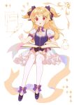  absurdres aged_down blonde_hair book bow bowtie dress fischl_(ein_immernachtstraum)_(genshin_impact) fischl_(genshin_impact) frilled_dress frills genshin_impact highres long_hair official_alternate_eye_color open_book open_mouth pantyhose peachuu puffy_sleeves purple_bow purple_bowtie purple_dress purple_ribbon reading red_eyes ribbon short_sleeves sitting solo twintails two_side_up white_dress white_pantyhose 