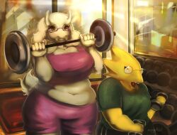  2026 2d 2girls alphys alternate_costume animal_ears anthro artist_name barbell body_fur breasts buck_teeth colored_skin commentary cowboy_shot digital_media dinosaur dinosaur_girl droopy_ears dumbbell duo english_commentary exercising fangs female female_only fitness_gym floppy_ears furry furry_female glasses goat goat_ears goat_girl goat_horns goat_tail green_shirt highres holding holding_dumbbell horns indoors lizard lizard_girl mammal midriff monster monster_girl nagetsv navel open_mouth plump purple_shorts purple_sports_bra reptile reptile_girl scalie shirt short_sleeves shorts sports_bra t-shirt tail tail_tuft teeth toriel undertale utdr_(toby_fox) weightlifting weights white_fur white_horns yellow_skin 