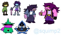  1girl 1other 2020 2boys 2d adapted_costume ambiguous_gender anthro armlet armor armored_boots artist_name barefoot black_armlet black_fur black_jacket blue_hair blue_skin blue_tongue body_fur bodysuit boots bracelet cape clenched_hands colored_sclera colored_skin colored_teeth colored_tongue commentary creature deltarune digital_media english_commentary fangs female full_body furry furry_female furry_male gauntlets glasses goat goat_boy green_robe hair_over_eyes horns human jacket kris_(dark_world)_(deltarune) kris_(deltarune) lancer_(deltarune) lizard lizard_girl long_hair long_sleeves looking_at_viewer male monster monster_girl multiple_boys oekaki pants pink_scarf pink_skin purple_hair purple_pants purple_skin ralsei ralsei_(hat) red_cape reptile reptile_girl robe round_eyewear scalie scarf sharp_teeth short_hair simple_background sleeveless sleeveless_jacket smile spade_(shape) spiked_armlet squimpus standing susie_(dark_world)_(deltarune) susie_(deltarune) sword teeth the_fun_gang thumbs_up tongue tongue_out twitter_username utdr_(toby_fox) weapon white_background wizard_hat yellow_sclera yellow_teeth 