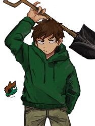  2boys :/ animification antenna_hair bad_id bad_twitter_id black_eyes brown_hair brown_pants canon_event commentary cowboy_shot drawstring edd_(eddsworld) eddsworld fewer_digits green_hoodie hair_behind_ear highres holding holding_shovel hood hood_down hoodie jitome long_sleeves looking_at_viewer male_focus multiple_boys pants scene_reference short_hair shovel simple_background solo_focus standing swept_bangs tord_(eddsworld) umino_mino white_background zombie 