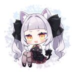  1girl animal animal_ears bare_shoulders black_bow black_cat black_footwear blunt_bangs blush bow cat cat_ears cat_tail chibi cocozasa dress fang holding holding_animal holding_cat hololive light_purple_hair long_hair murasaki_shion open_mouth orange_eyes pantyhose solo tail tail_bow tail_ornament twintails virtual_youtuber 