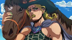  1girl braid bun_with_braided_base cone_hair_bun double_bun green_lips hair_bun heart_bandaid highres horse jojo_no_kimyou_na_bouken kujo_jolyne multicolored_hair steel_ball_run stone_ocean two-tone_hair 