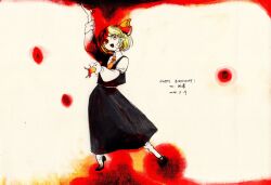  1girl arm_up ascot black_shoes black_skirt black_vest blonde_hair commentary english_commentary fangs full_body hair_ribbon hand_up happy_birthday highres juliet_sleeves long_skirt long_sleeves looking_at_viewer mawaruwama open_mouth pointy_ears puffy_sleeves red_ascot red_ribbon ribbon rumia shirt shoes short_hair skirt smile socks solo standing tiptoes touhou vest white_shirt white_socks yellow_background 