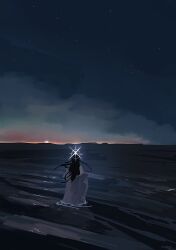  1girl absurdres artist_name black_hair blue_archive blue_halo blue_sky clouds coat coat_partially_removed commentary_request dusk from_behind halo highres horizon kani_etizen03 long_hair ocean orange_sky outdoors saori_(blue_archive) sky solo star_(sky) starry_sky twitter_username wading water white_coat wide_shot 