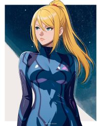  arms_at_sides blonde_hair blue_bodysuit blue_eyes bodysuit border breasts eyelashes facing_to_the_side felipe_uribe high_ponytail highres impossible_bodysuit impossible_clothes large_breasts long_hair looking_to_the_side metroid mole mole_under_mouth multicolored_bodysuit pink_lips ponytail samus_aran sidelocks skin_tight space turtleneck turtleneck_bodysuit upper_body white_border zero_suit 
