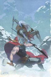  2boys armor black_skin brown_armor cape colored_skin covered_abs dark_elf elf esad_ribic evil_grin evil_smile fighting greaves grey_armor grey_helmet grey_sky grin hammer helmet holding holding_hammer holding_polearm holding_sword holding_weapon long_hair male_focus malekith_(marvel) marvel mjolnir_(marvel) multicolored_skin multiple_boys muscular muscular_male no_pupils official_art painting_(medium) pointy_ears polearm purple_skin realistic red_cape sky smile snow spear split-color_skin sword third-party_source thor_(marvel) thor_(marvel)_(series) traditional_media veins veiny_arms watercolor_(medium) weapon white_hair winged_helmet 