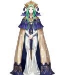  1girl aqua_hair cape dress fire_emblem fire_emblem:_three_houses fire_emblem_heroes flower full_body gold_trim green_eyes hair_ornament highres long_dress long_hair long_sleeves non-web_source official_art rhea_(fire_emblem) skirt solo transparent_background zonotaida 