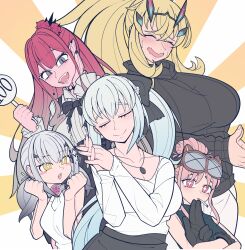  5girls baobhan_sith_(fate) barghest_(fate) black_bow blonde_hair blush bow braid closed_eyes commentary_request earrings fate/grand_order fate_(series) habetrot_(fate) hair_between_eyes hair_bow half_up_braid highres ichigo_berry jewelry long_hair melusine_(fate) morgan_le_fay_(fate) multiple_girls necklace open_mouth pink_hair pointy_ears ponytail smile smoke very_long_hair yellow_eyes 