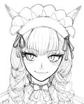  1girl blush braid closed_mouth facial_mark final_fantasy final_fantasy_xiv greyscale lochris looking_at_viewer maid_headdress miqo&#039;te monochrome portrait simple_background sketch slit_pupils smile solo twin_braids whisker_markings 