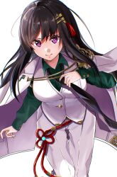  1girl adjusting_clothes adjusting_necktie black_hair black_necktie breasts closed_mouth collared_shirt commentary cowboy_shot dress_shirt e69465 floating_hair green_shirt hair_between_eyes hair_ornament hairclip hand_up happy_birthday heaven_burns_red highres jacket jacket_on_shoulders large_breasts long_hair long_sleeves looking_at_viewer necktie nikaidou_misato nikaidou_misato_(lead_by_example) official_alternate_costume pants parallel_hairclips purple_pupils shirt simple_background smile solo split_mouth straight_hair suit tassel tassel_hair_ornament thigh_gap v-shaped_eyebrows vest violet_eyes white_background white_jacket white_pants white_suit white_vest 