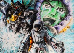  1980s_(style) aeug angry battle captured colored_pencil_(medium) commentary_request crying dual_persona gundam gundam_mk_ii helmet kamille_bidan mecha mecha_pilot_suit mobile_suit pilot pilot_chair retro_artstyle robot sad scan scene_reference science_fiction shouting sitting space_helmet spacesuit titans_(gundam) traditional_media user_ahyc4773 v-fin zeta_gundam 