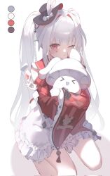  1girl butterfly-shaped_pupils detached_sleeves diamond_(shape) diamond_facial_mark facial_mark hat heart heart_facial_mark highres honkai:_star_rail honkai_(series) hugging_object japanese_clothes kimono kneeling lazy_jeyuk_bokkeum long_hair long_sleeves mini_hat mini_top_hat one_eye_closed red_kimono solo sparkle_(honkai:_star_rail) sparxie_(honkai:_star_rail) symbol-shaped_pupils top_hat twintails white_background white_hair wide_sleeves 