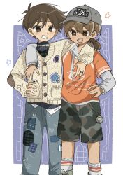  2boys :d \||/ antenna_hair arm_around_neck backwards_hat baseball_cap black_sweater blue_pants border bright_pupils brothers brown_eyes brown_hair buttons camouflage camouflage_shorts cardigan character_sticker clothes_writing commentary_request dark-skinned_male dark_skin denim double-parted_bangs double_\||/ drawstring english_text feet_out_of_frame green_shoes grey_hat grey_hoodie grey_shorts grin hair_behind_ear hair_between_eyes hand_on_own_hip hat hector_(omori) hero_(birthday)_(omori) hero_(faraway)_(omori) hero_(omori) highres hood hood_down hoodie jeans jewelry kel_(birthday)_(omori) kel_(faraway)_(omori) kel_(omori) kneehighs layered_sleeves long_sleeves looking_at_viewer low_ponytail male_focus multiple_boys official_alternate_costume okameeomo omori open_mouth orange_shirt outside_border pants photo_(object) ponytail puffy_long_sleeves puffy_sleeves purple_background ring shirt shoes short_hair short_over_long_sleeves short_ponytail short_sleeves shorts siblings simple_background smile socks something_(omori) sparse_leg_hair standing star_(symbol) sticker sweater tareme teeth tongue turtleneck turtleneck_sweater upper_teeth_only very_short_hair white_border white_pupils white_socks yellow_cardigan 