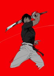  1boy black_hair compression_shirt fushiguro_touji highres holding holding_sword holding_weapon jujutsu_kaisen max801115 muscular muscular_male red_background scar scar_on_face scar_on_lip scar_on_mouth solo sword weapon 