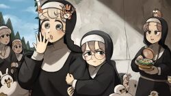  6+girls animal_ears arm_hug bird blonde_hair blue_eyes bug bunny_nun_(diva) chicken clumsy_nun_(diva) cockroach commentary diva_(hyxpk) duck english_commentary eyelashes food freckles frog froggy_nun_(diva) glasses glasses_nun_(diva) grey_eyes grey_hair hair_ornament hedgehog highres hungry_nun_(diva) little_nuns_(diva) multiple_girls nun popcorn rabbit_ears rabbit_hair_ornament round_eyewear sheep_nun_(diva) traditional_nun tree 