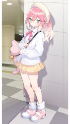  1girl absurdres bag blush checkered_floor closed_mouth collared_shirt commentary commission double-parted_bangs full_body gradient_hair green_eyes hair_between_eyes hat highres hiraga_matsuri long_hair long_sleeves looking_at_viewer miniskirt multicolored_hair neck_ribbon original pillarboxed pink_hair pink_ribbon pink_shoes pleated_skirt ribbon shirt shoes sidelocks skeb_commission skirt socks solo standing tile_wall tiles two-tone_hair white_hair white_hat white_shirt white_socks yellow_skirt 