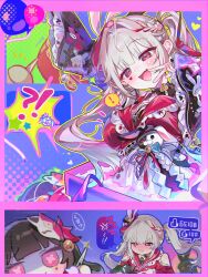  0202ase 1girl absurdres black_hat butterfly-shaped_pupils clothing_cutout commentary_request doll hat hat_ornament heart_on_cheek highres honkai:_star_rail honkai_(series) long_hair mini_hat mini_top_hat open_mouth rabbit_hat_ornament shoulder_cutout sidelocks sparkle_(honkai:_star_rail) sparxie_(honkai:_star_rail) symbol-shaped_pupils top_hat twintails upper_body white_hair 