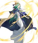  1girl aqua_hair cape dress fire_emblem fire_emblem:_three_houses fire_emblem_heroes flower full_body gold_trim green_eyes hair_ornament highres long_dress long_hair long_sleeves non-web_source official_art rhea_(fire_emblem) skirt solo transparent_background zonotaida 