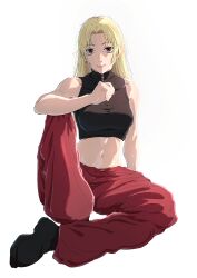  1girl absurdres arm_on_knee bare_shoulders big_chunger black_shoes black_tank_top blonde_hair breasts brown_hair closed_mouth full_body highres jujutsu_kaisen knee_up lips long_hair looking_at_viewer medium_breasts midriff navel pants red_pants shirt shoes simple_background sitting sleeveless sleeveless_turtleneck smile solo stomach tank_top tsukumo_yuki_(jujutsu_kaisen) turtleneck turtleneck_shirt white_background 