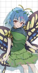  1girl blue_hair brown_eyes butterfly_wings commentary dress eternity_larva green_dress grid_background highres insect_wings looking_at_viewer solo suzukiairi0001 touhou wings 