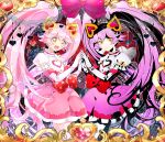  2girls :d alkali_rettousei_(vocaloid) bow commentary_request cowboy_shot dress elbow_gloves frills from_side fuji_den_fujiko gloves hair_ornament heart heart_hair_ornament holding_hands long_hair looking_at_viewer multiple_girls open_mouth pink_dress pink_hair red_bow ririka_(#compass) smile standing twintails very_long_hair vocaloid yellow_eyes 