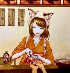  1girl animal_ears bottle brown_hair cat_ears cat_girl choko_(cup) commentary_request cup facing_viewer headscarf highres japanese_clothes kimono mitsumame22211 orange_kimono pov rune_factory rune_factory:_guardians_of_azuma sake_bottle swept_bangs yachiyo_(rune_factory) 
