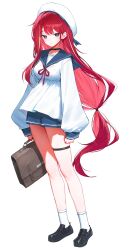  1girl akane_lize alternate_costume ankle_socks bag bare_legs black_choker black_shoes blonde_streaks blue_sailor_collar blue_shirt blue_shorts blush briefcase brown_bag choker frown full_body grey_eyes hair_over_shoulder hat highres holding holding_bag holding_briefcase huhi_(huhi_1211) loafers long_hair long_sleeves looking_at_viewer low-tied_long_hair mole mole_under_eye multicolored_hair red_hair red_nails red_ribbon ribbon sailor_collar sailor_hat shirt shoes short_shorts shorts sidelocks simple_background socks solo standing stellive streaked_hair thigh_strap very_long_hair virtual_youtuber white_background white_hat white_socks 