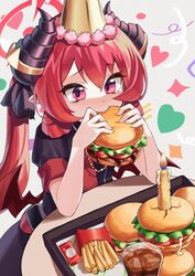  1girl absurdres blue_archive burger candle cola commentary demon_girl demon_horns demon_wings dress eating food french_fries halo hat highres holding holding_food horns ice ice_cube junko_(blue_archive) low_wings movcat party_hat pink_eyes redhead short_sleeves solo tearing_up twintails wings 