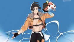  1boy abs ajirogasa aqua_eyes arm_up black_gloves black_hair black_pants blue_background blue_hands chest_harness chest_tattoo colored_extremities cowboy_shot cropped_jacket drop_shadow earrings facial_hair fingerless_gloves fish fur-trimmed_jacket fur_trim gloves halftone harness hat highres holostars holostars_english jacket jewelry josuiji_shinri junstarias koi koipanion_(josuiji_shinri) large_pectorals male_focus milgram open_clothes open_jacket orange_jacket pants pectoral_cleavage pectorals ponytail scene_reference stubble tattoo toned toned_male virtual_youtuber 