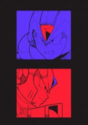  2boys android blue_gem blue_theme clenched_teeth commentary forehead_jewel from_side frown gem helmet inkerton-kun limited_palette looking_at_viewer male_focus mega_man_(series) mega_man_x_(series) monochrome multiple_boys multiple_monochrome portrait profile red_gem red_theme spot_color teeth untranslatable_commentary x_(mega_man) zero_(mega_man) 
