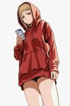  1girl black_shorts blonde_hair chainsaw_man highres holding holding_phone hood hoodie looking_at_viewer phone red_eyes red_hoodie sawatari_akane_(chainsaw_man) shiren_(ourboy83) short_hair short_shorts shorts simple_background slit_pupils solo white_background 
