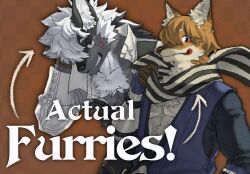 2boys animal_ears arrow_(symbol) blousquidly claws commentary cross_scar english_commentary english_text fangs fire_emblem fire_emblem_fates fox_boy fox_ears furrification furry furry_male highres kaden_(fire_emblem) keaton_(fire_emblem) looking_at_viewer male_focus multicolored_scarf multiple_boys muscular muscular_male orange_fur pectorals scar scar_on_cheek scar_on_face scarf smile white_hair wolf_boy wolf_ears