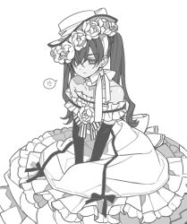 1boy anger_vein back_bow bare_shoulders bow ciel_phantomhive crossdressing crossdressing_(mtf) denovo320 dress dress_flower earrings elbow_gloves flower frilled_dress frills gloves greyscale hair_between_eyes hair_flower hair_ornament hair_over_one_eye hairband hat highres jewelry kuroshitsuji light_frown long_dress long_hair male_focus monochrome neck_ribbon off-shoulder_dress off_shoulder ribbon sitting solo spoken_anger_vein stud_earrings trap twintails v_arms white_background white_dress white_hairband 