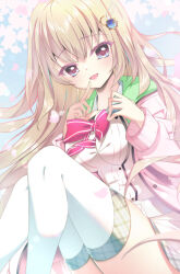  1girl 9-nine- :d belt blue_eyes blush bow bowtie breasts brown_hair cardigan commentary day dress eyelashes eyes_visible_through_hair falling_petals fang feet_out_of_frame floating_hair gear_hair_ornament grey_belt hair_between_eyes hair_ornament hakusen_academy_school_uniform hands_up highres index_finger_raised knees_up kujou_miyako large_breasts lens_flare long_hair long_sleeves looking_at_viewer open_cardigan open_clothes open_mouth outdoors petals pink_cardigan red_bow red_bowtie school_uniform short_dress sitting skin_fang smile solo star_(symbol) star_print sukonbu385 thigh-highs thighs very_long_hair watermark white_dress white_thighhighs wing_hair_ornament 