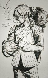 1boy armor canister cigarette collared_shirt commentary_request cowboy_shot cracking_knuckles curtained_hair facial_hair firefist_office_(identity)_(project_moon) flamethrower gas_mask gauntlets glasses goatee_stubble graphite_(medium) gregor_(project_moon) greyscale highres jacket lapels limbus_company long_sleeves looking_ahead low_ponytail male_focus mask medium_hair monochrome necktie notched_lapels oxy_(ho2) pants ponytail project_moon shirt shoulder_armor single_gauntlet smoking solo striped_clothes striped_jacket striped_pants stubble suit_jacket thank_you traditional_media unworn_mask veins veiny_face vertical-striped_clothes vertical-striped_jacket vertical-striped_pants weapon 