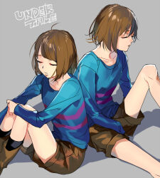 1boy 1girl 2017 2d ambiguous_gender black_socks blue_shirt boots brown_boots brown_hair brown_shorts commentary copyright_name digital_media double_horizontal_stripe dual_persona duo english_commentary english_text expressionless female frisk_(undertale) full_body genderswap genderswap_(otf) genderswap_(otm) grey_background horizontal-striped_clothes human knee_up knees_up kyouichi long_sleeves male pink_stripes shirt short_hair shorts simple_background sitting socks striped_clothes striped_shirt text two-tone_shirt undertale utdr_(toby_fox) white_background