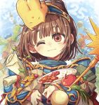  1girl 55_(afutanun_0120) ;) anniversary apple armor bag blue_sky blunt_bangs book bridge brown_eyes brown_hair carbuncle_(puyopuyo) clouds cloudy_sky coin copyright_name creature creature_on_head curry curry_rice dragon floating_island food fruit gem gold_coin grass head_tilt highres holding looking_at_viewer medium_hair one_eye_closed outdoors pauldrons plate ponytail puyo_(puyopuyo) puyopuyo rice sack scroll shoulder_armor sign sky smile solo stick too_many tree vambraces waku_waku_puyo_dungeon 