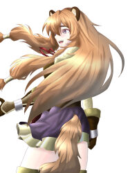  1girl :d animal_ear_fluff animal_ears black_dress boots brown_boots brown_gloves brown_hair commentary_request dress elbow_gloves floating_hair from_behind gloves hair_tubes layered_dress leather leather_gloves long_hair long_sleeves looking_to_the_side messy_hair metal_hair_tubes metal_wrist_cuffs neck_ribbon open_mouth raccoon_ears raccoon_girl raccoon_tail raphtalia red_ribbon ribbon short_dress simple_background sleeveless sleeveless_dress smile solo tail tate_no_yuusha_no_nariagari teeth thigh_boots tongue tx_03_06 violet_eyes white_background yellow_dress zettai_ryouiki 