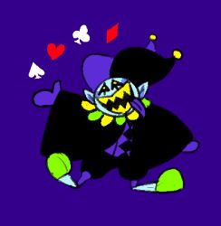  1boy 2019 2d aqua_skin artist_name black_background black_cape black_hat black_sclera cape club_(shape) colored_sclera colored_skin colored_teeth colored_tongue commentary deltarune diamond_(shape) digital_media english_commentary full_body green_slippers hat heart humanoid imp jester jester_cap jester_costume jevil male male_focus male_only neck_ruff oekaki open_mouth outstreched_arms outstretched_arms pointy_ears purple_background purple_hat purple_tongue sharp_teeth simple_background slippers solo spade_(shape) squimpus standing teeth tongue tongue_out two-tone_hat utdr_(toby_fox) weapon yellow_eyes yellow_teeth 
