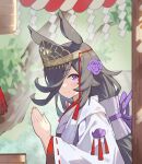  1girl alternate_costume animal_ears black_hair blush closed_mouth flower hair_flower hair_ornament hair_over_one_eye hands_up horse_ears japanese_clothes kimono long_hair long_sleeves looking_at_viewer outdoors own_hands_together palms_together purple_flower purple_rose ribbon-trimmed_sleeves ribbon_trim rice_shower_(umamusume) rope rose shide shimenawa smile solo split_mouth suimz tiara tree umamusume upper_body violet_eyes white_kimono wide_sleeves 